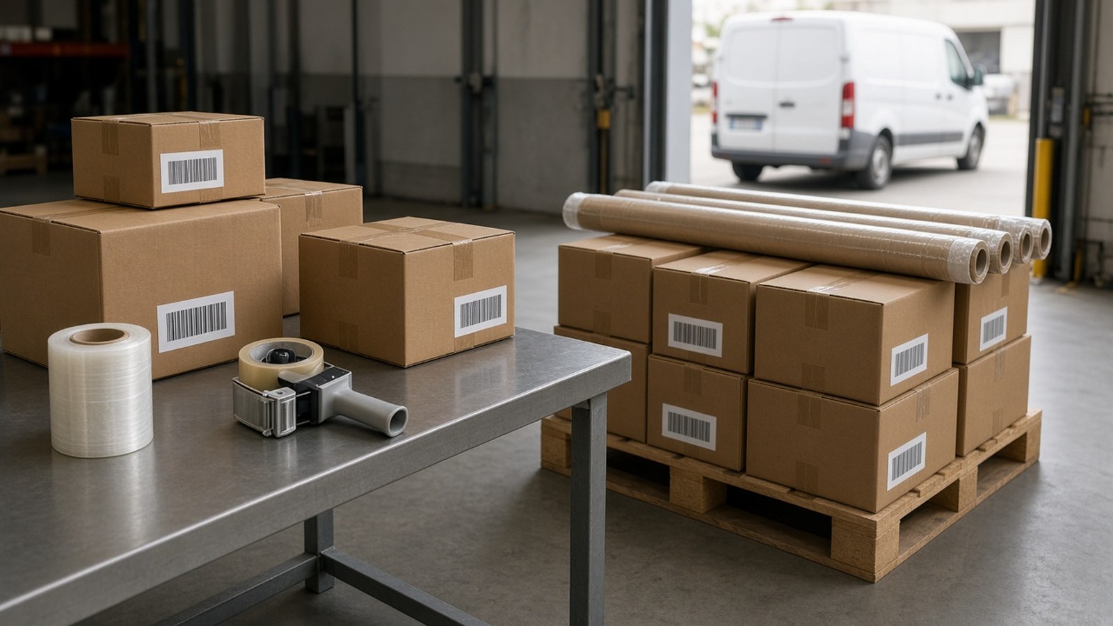 Cajas de cartón con etiquetas sobre una mesa de acero y un pallet, con film y cinta de embalar, listas para despacho