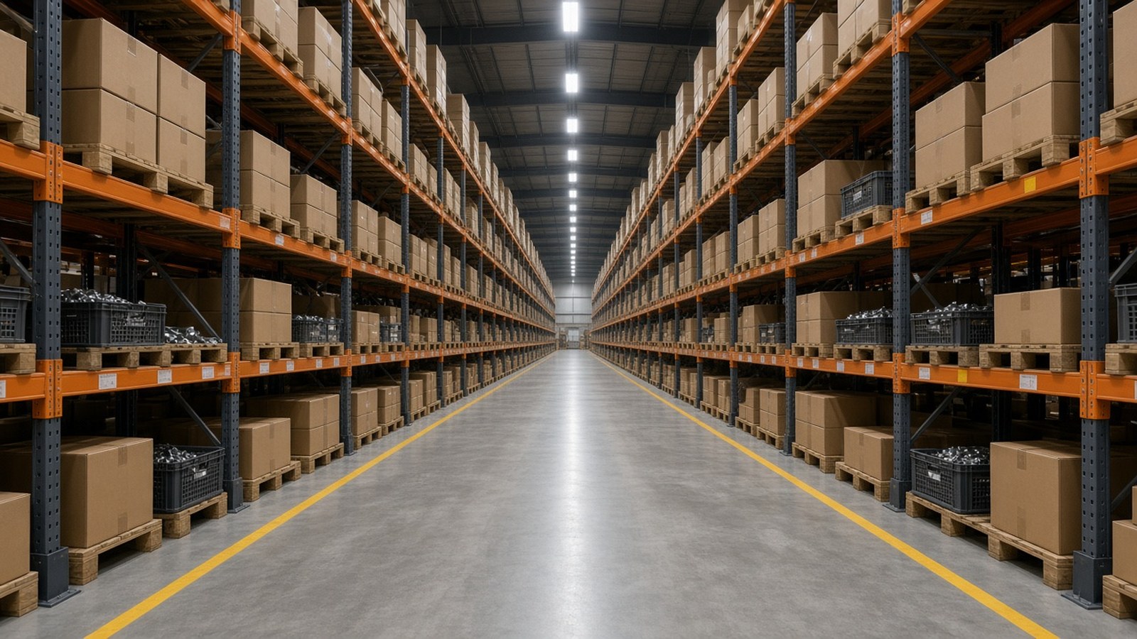 Depósito con estanterías naranjas, pallets y cajones con piezas metálicas