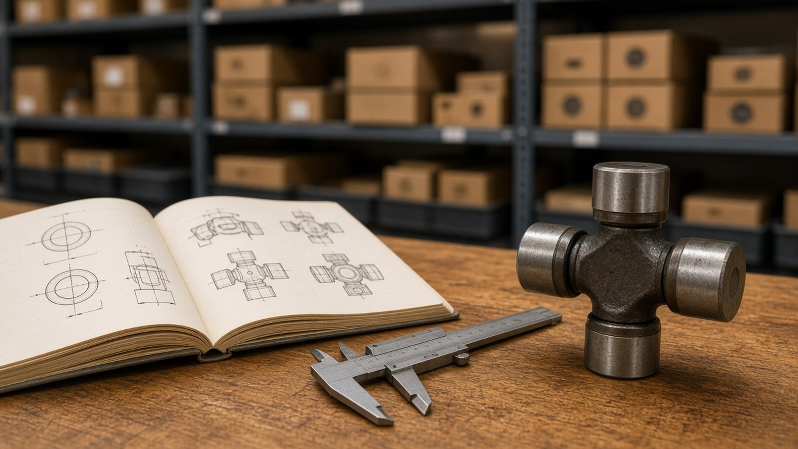 Mostrador de madera con un cuaderno abierto con dibujos técnicos de crucetas, un calibre y una cruceta, con estanterías de cajas al fondo