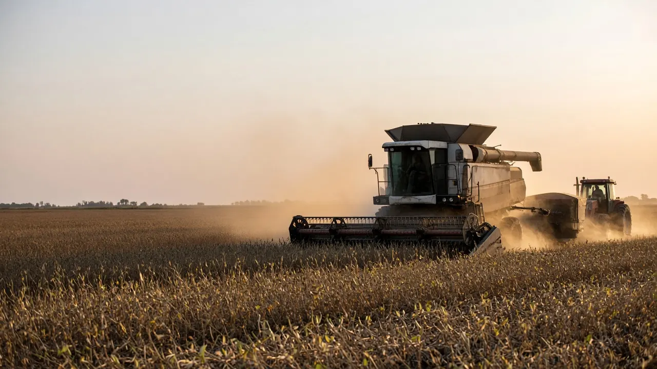 Cosechadora y tractor en campo argentino
