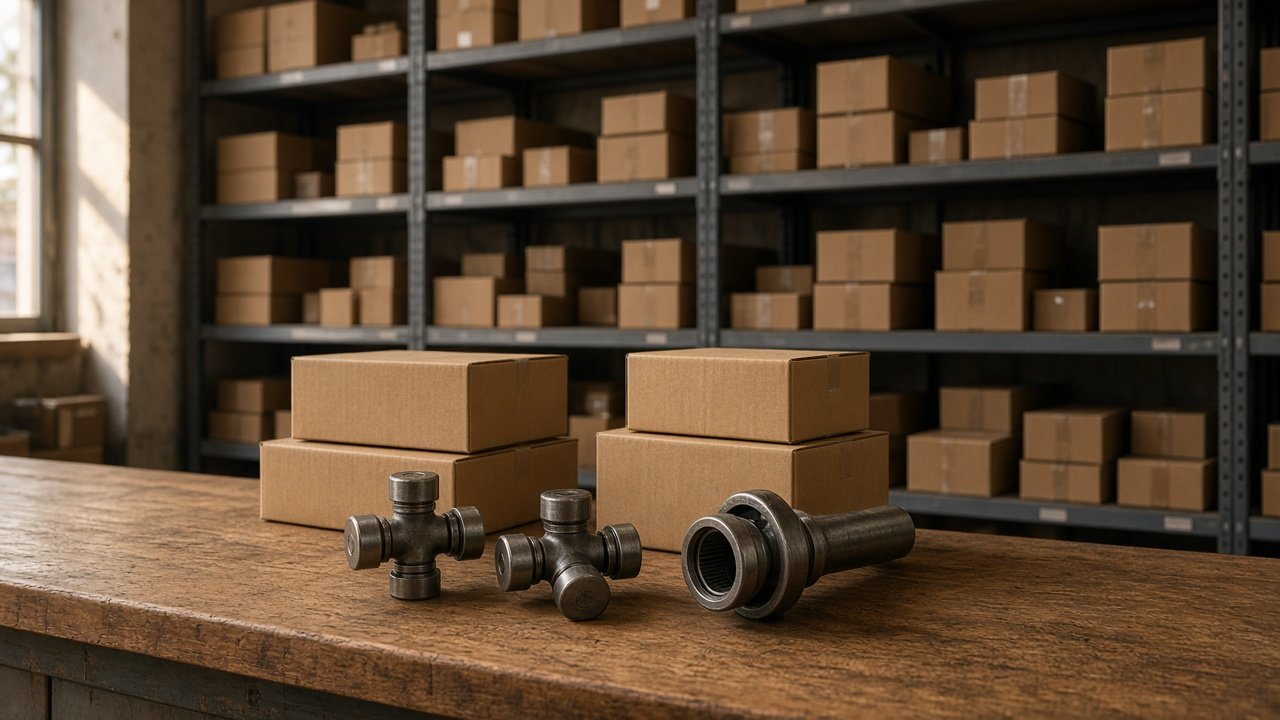 Depósito mayorista con estanterías de cajas de repuestos y crucetas y un yugo deslizante sobre el mostrador