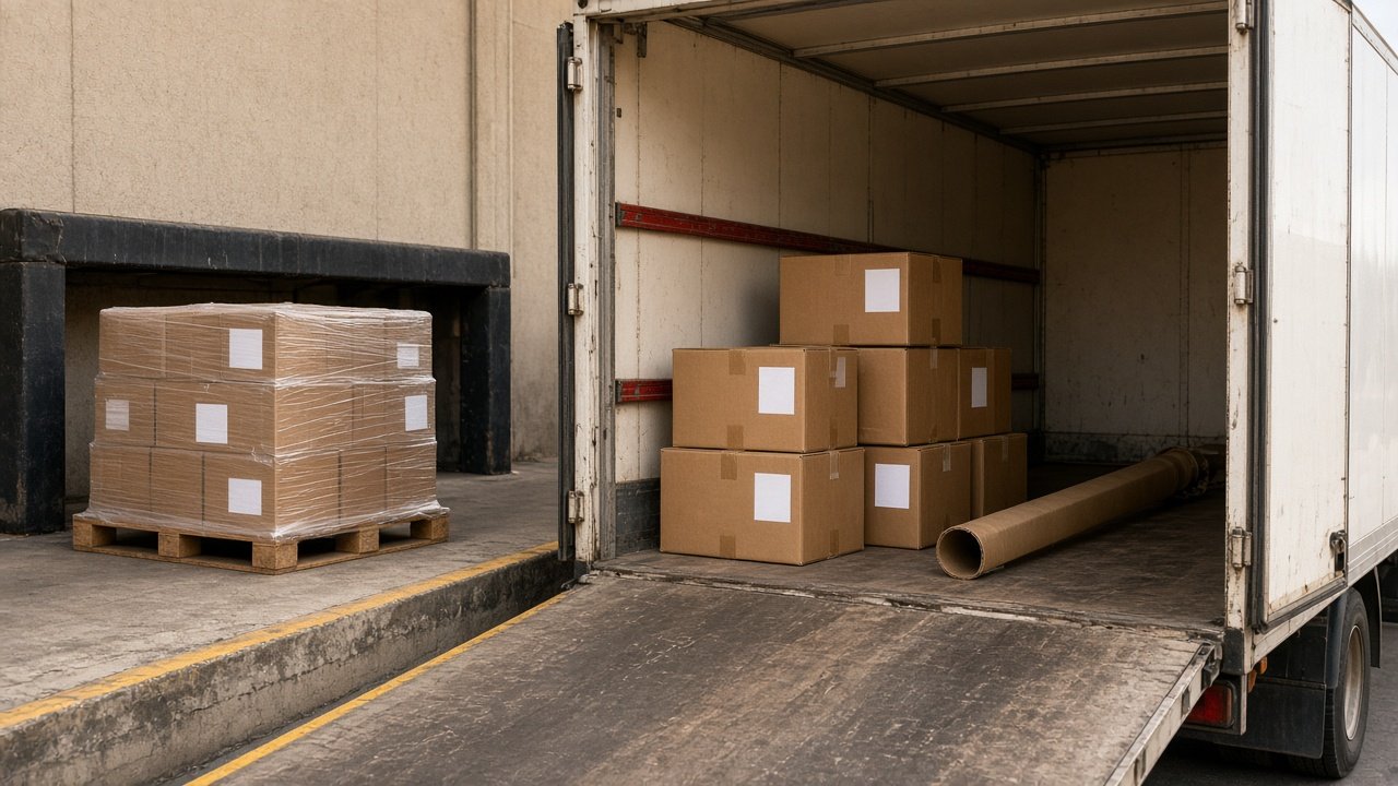 Cajas embaladas y rotuladas con repuestos de cardán cargadas en la caja de un camión de expreso junto a un pallet listo para despacho