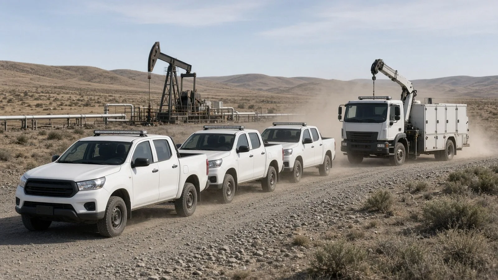 Cuadrilla de servicios trabajando junto a una camioneta en una ruta