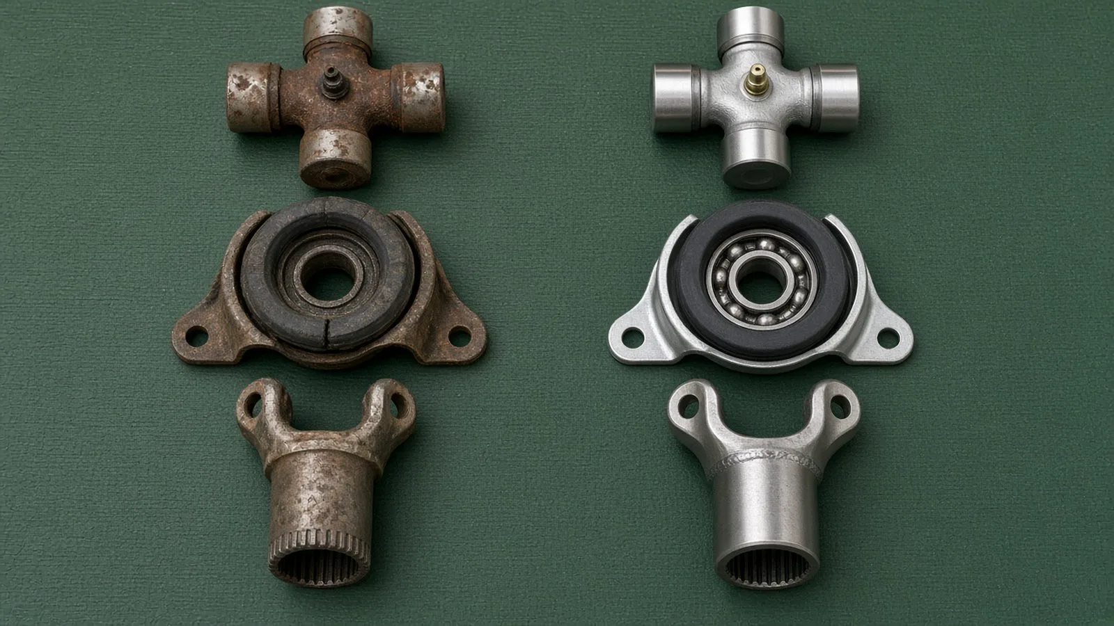 Crucetas, soportes centrales y yugos gastados al lado de piezas nuevas, sobre un paño verde