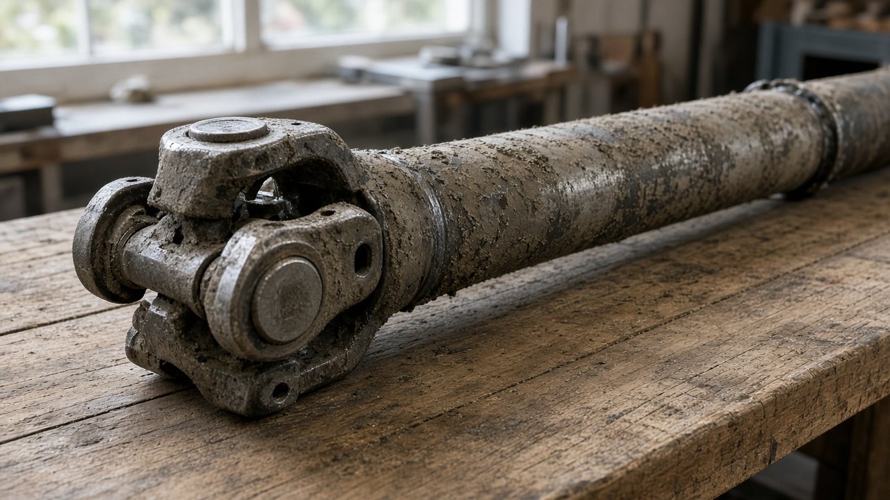 Cardán de pala cargadora con barro de obra, listo para revisar