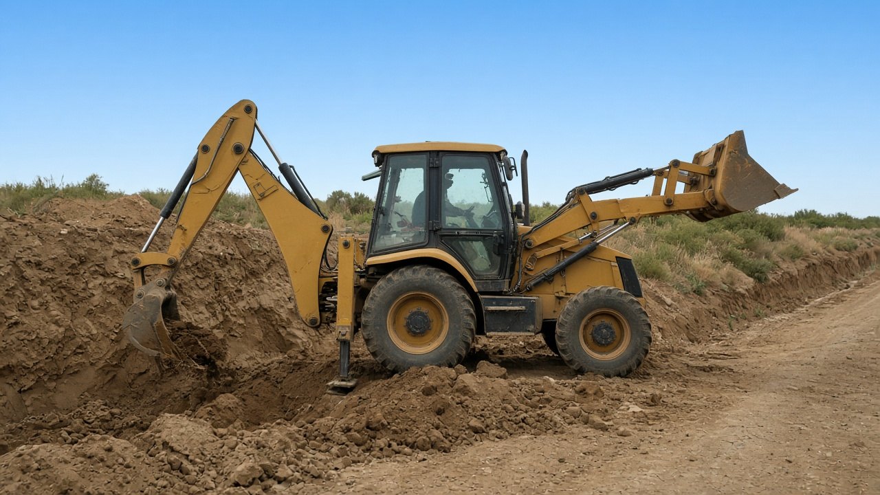 Retroexcavadora trabajando en una obra vial